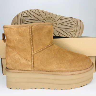 UGG Classic Mini Platform Chestnut Fur Suede Boots Women's 9 1134991