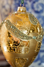 Ornate 5.5" Egg Shaped Glass Christmas Ornament Gold w/Gold Glitter Rhinestones