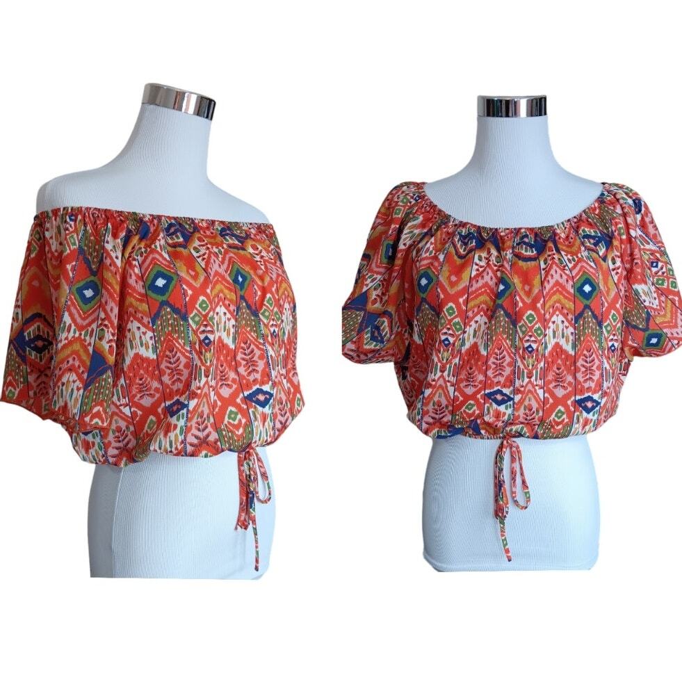 VINTAGE 90s Y2K Crop Top Size Small Loose Fit Orange Blue Aztec Tribal Festival