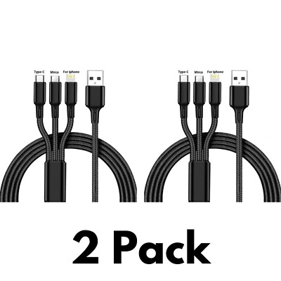 Multi Charging Cable 3 in 1 Type-C Micro USB and IP Port To USB Cord 4FT, 2-Pack