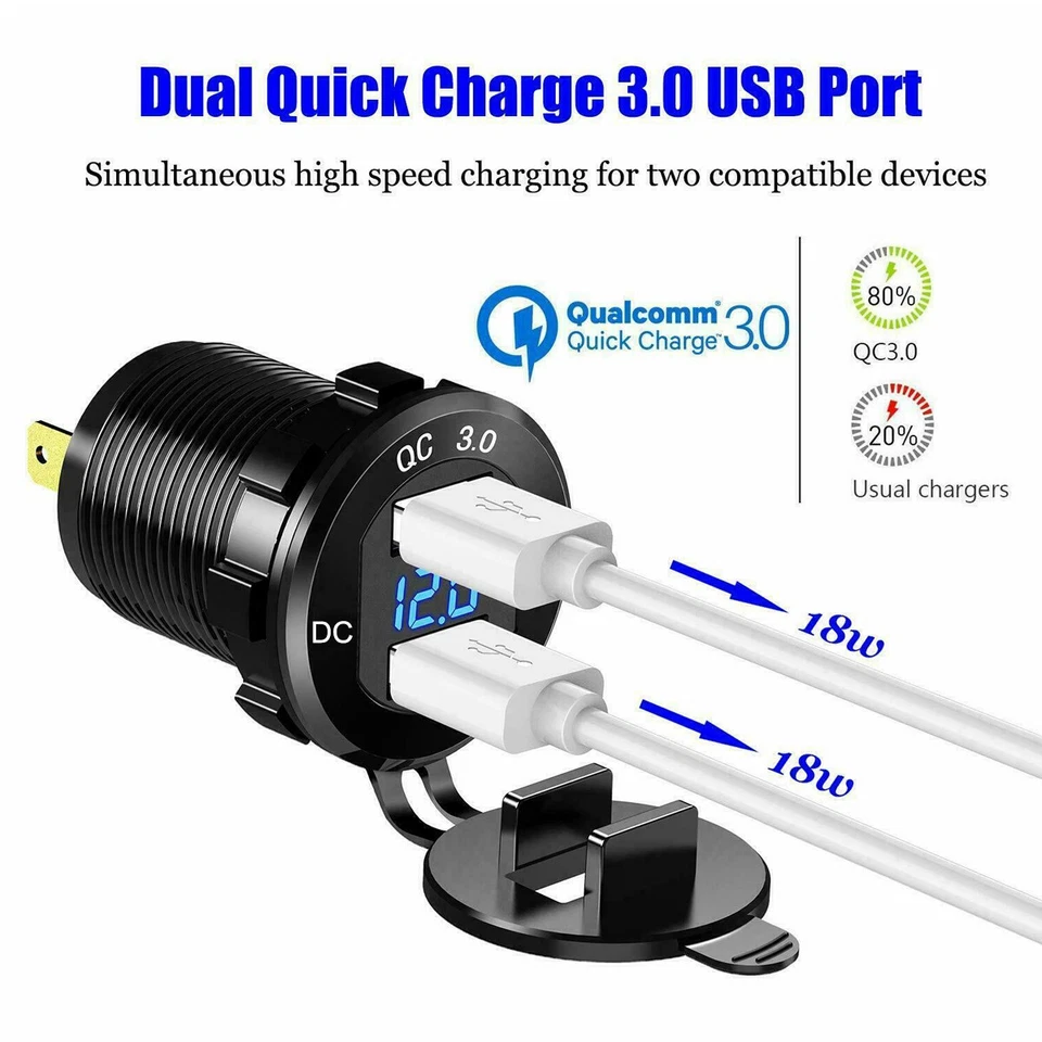 Dual USB Fast Charger Socket Power Outlet Adapter for 12-24V Car Boat Motorcycle - Image 2 of 4