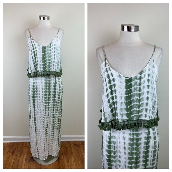 Strut & Bolt Green White Tie Dye Bohemian Boho Maxi Dress Women Large Tassel