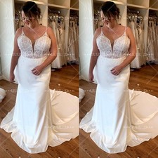 Spaghetti Strap Satin Wedding Dresses Mermaid Lace Applique Train Bridal Gowns