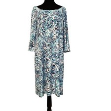 Pappagallo Women's XL Paisley Print Bell Sleeve Midi Dress Blue White Black