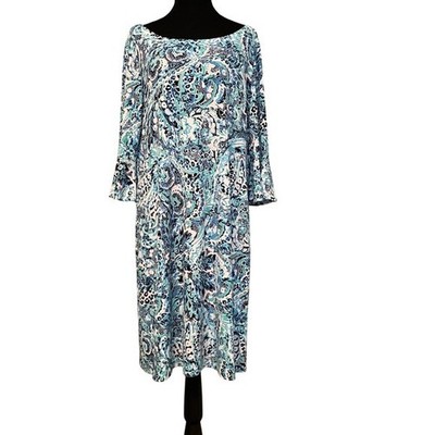 Pappagallo Women's XL Paisley Print Bell Sleeve Midi Dress Blue White Black