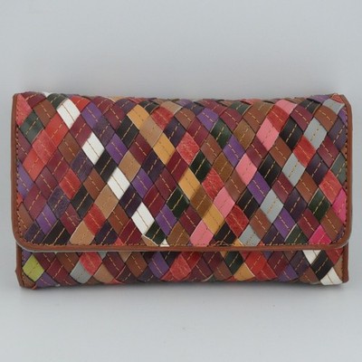 Vera Pelle Italy Woven Leather Trifold Wallet Multicolor Boho Patchwork