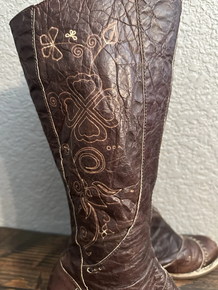 El Naturalista 4 Leaf Clover Tall Painted Boots Sz 42 Brown Distressed Leather - Image 4 of 4