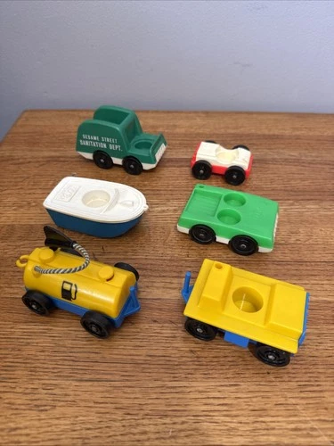 VTG Lot Of 6 Fisher-Price Little People Vehicles - Cars Train Boat