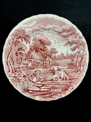 Saucer H & M Sutherland Red Rural Scenes 8  Gold Trim Bread Plate~ Plate Decor