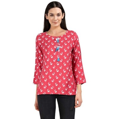 Global Desi Women s Bohemian Red Top Tie Neck Tassel Detail Printed Blouse