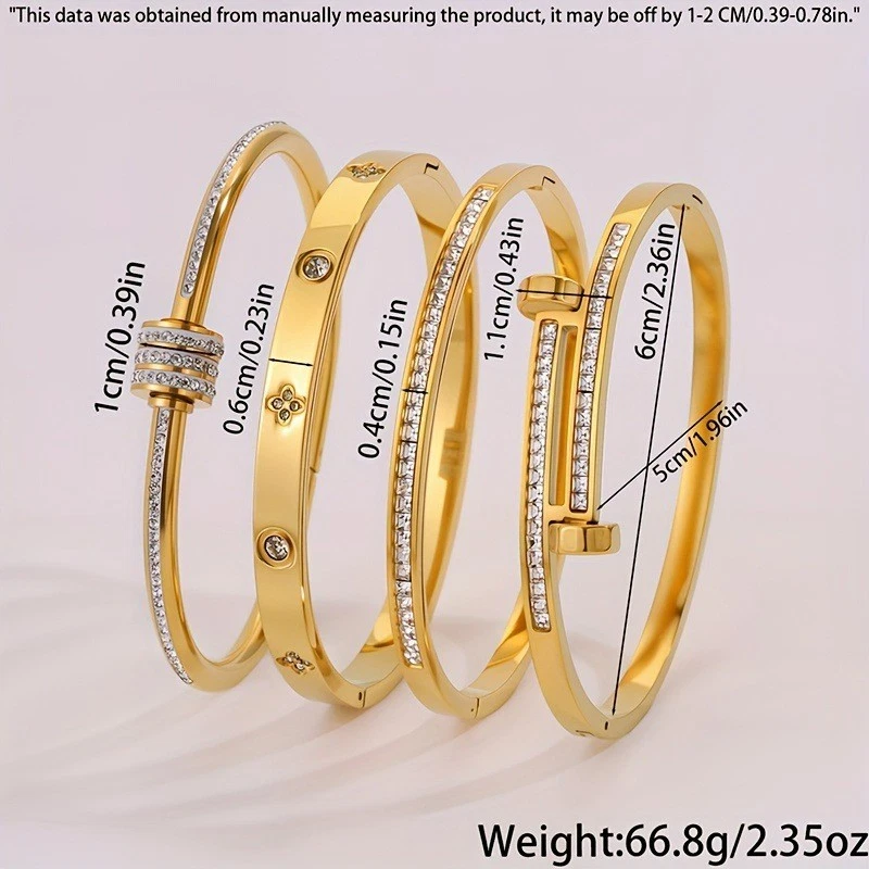 Women's Jewelry Set: 4 Pcs Rhinestone Bracelets Open Bangle Gold Titanium Steel - Image 4 of 4