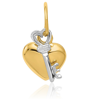14K Solid Two Tone Gold Small Heart Lock Key Pendant Necklace 15mm 5/8 inch