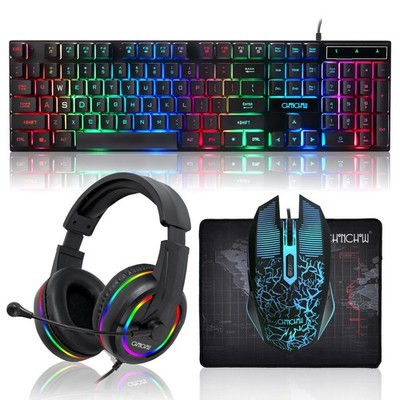 Gaming LED Keyboard Mouse Headset and Mousepad Bundle, Wired Rainbow LED Ligh...