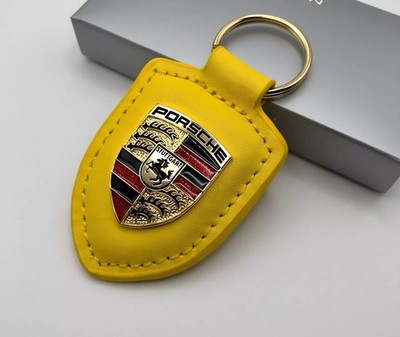 Authentic Porsche Leather Crest Key Ring Fob Yellow   New in Box, Ships from US