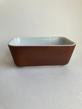Vintage Pyrex refrigerator dishes "Old Orchard" warm brown color white inside
