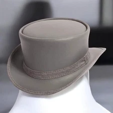 Men's Grey Leather Top Hat Handmade Steampunk Victorian Style Western Dress Hat