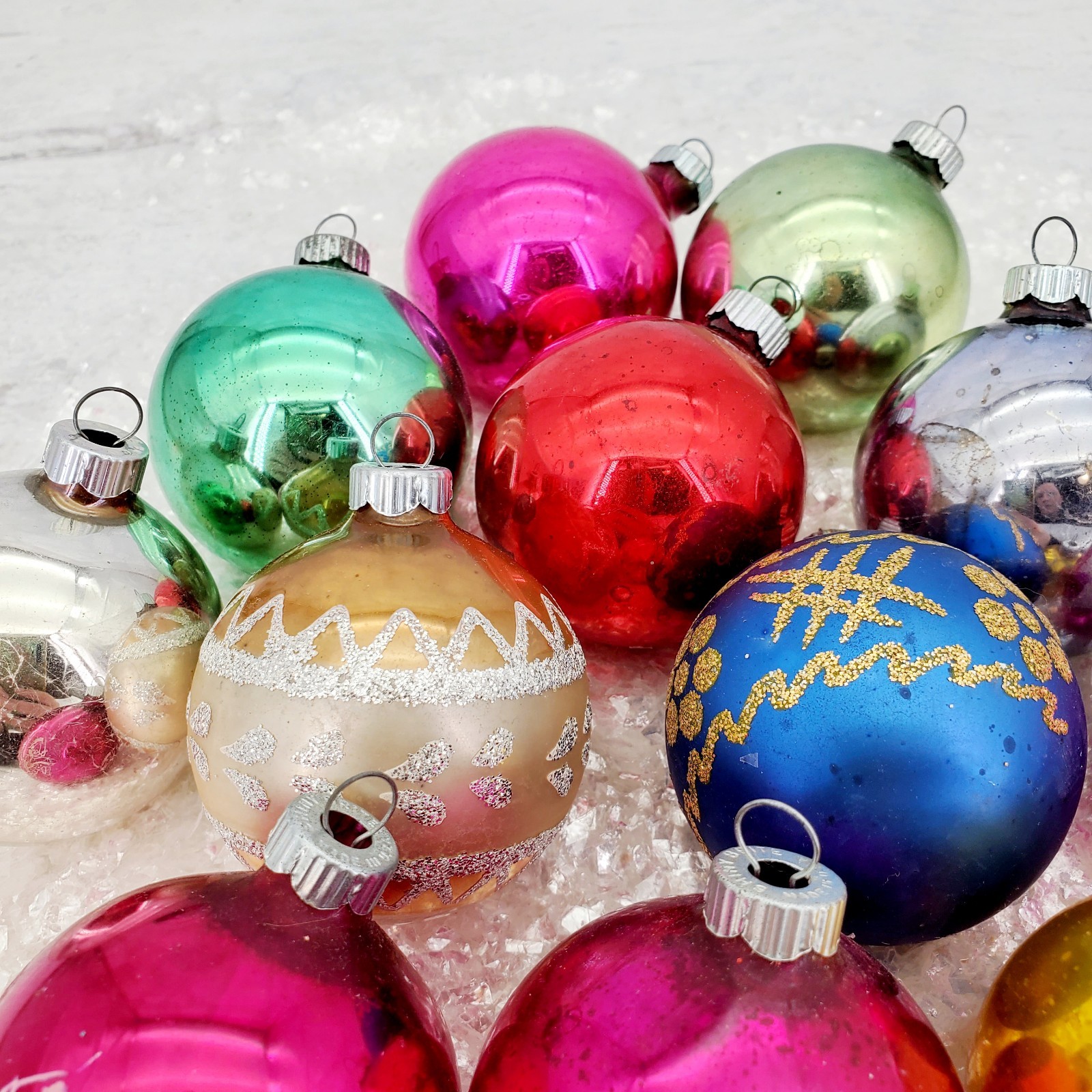 Vintage Shiny Brite USA Muticolored Stenciled Mercury Glass Ornaments in Box