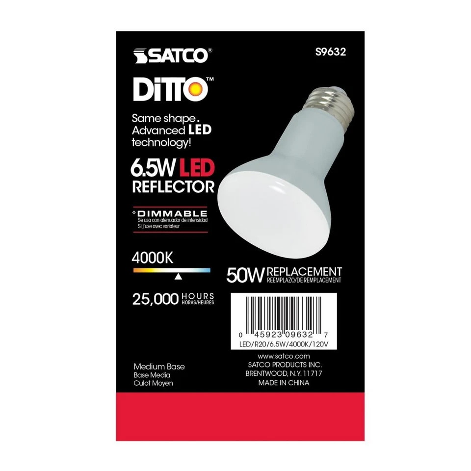 SATCO S9632 - 6.5 Watt R20 LED Bulb 4000K - 107 deg. Beam Angle (6 Pack) - Image 2 of 4