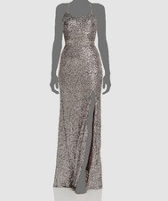 AQUA Women's Silver Sequin Embellished Front-Silt A-Line Gown Dress Size 10