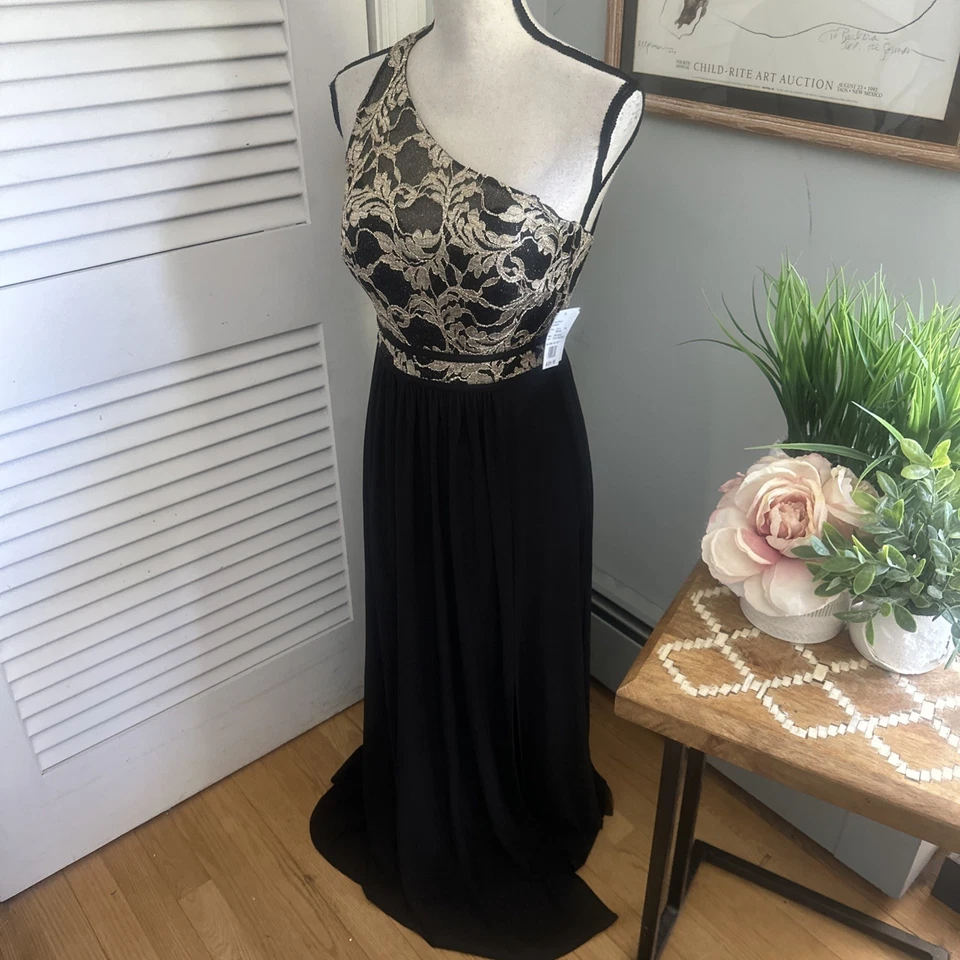 DAVIDS BRIDAL MORGAN CO Mujer Vestido 4 Negro Dorado Un Hombro Vestido Noche Glamour Foto 4 de 4
