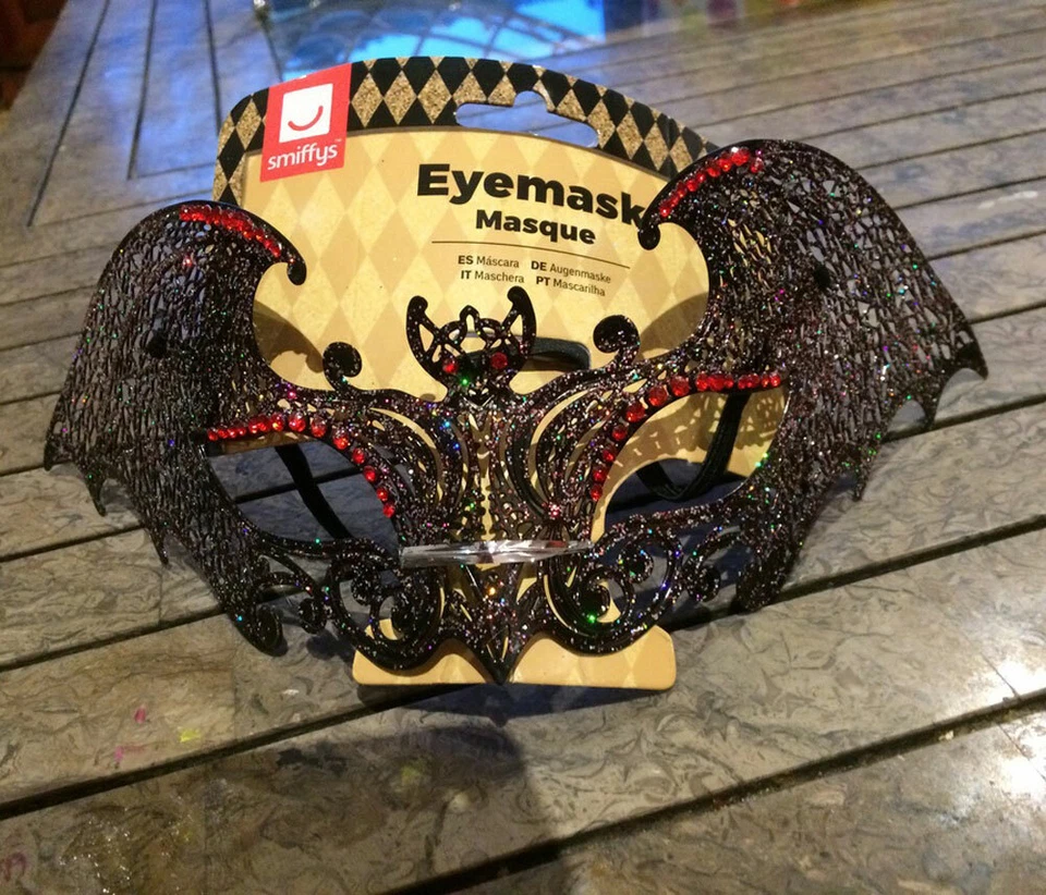 Metal Filigree Bat Masquerade Mask SMIFFYS Black Red Multi Jewelled MARDI GRAS - Image 4 of 4