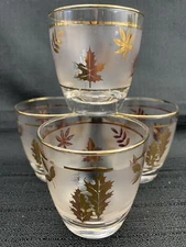 Vintage MCM Libby Rocks Glasses Gold Leaves Frosted Cocktail Set Of 4 Barware