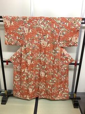 Japanese Vintage Kimono pure silk red Yuzen expensive flower Height 62.59in