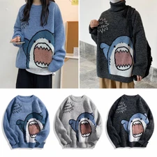 Unisex Turtleneck Shark Sweater Winter Patchwork Harajuku Korean Style High Neck