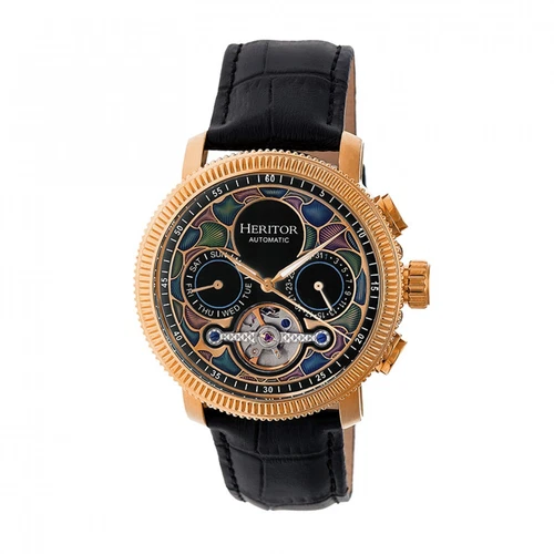 Heritor Automatic Aura Men's Semi-Skeleton Black Leather Rose Gold Watch HR3503