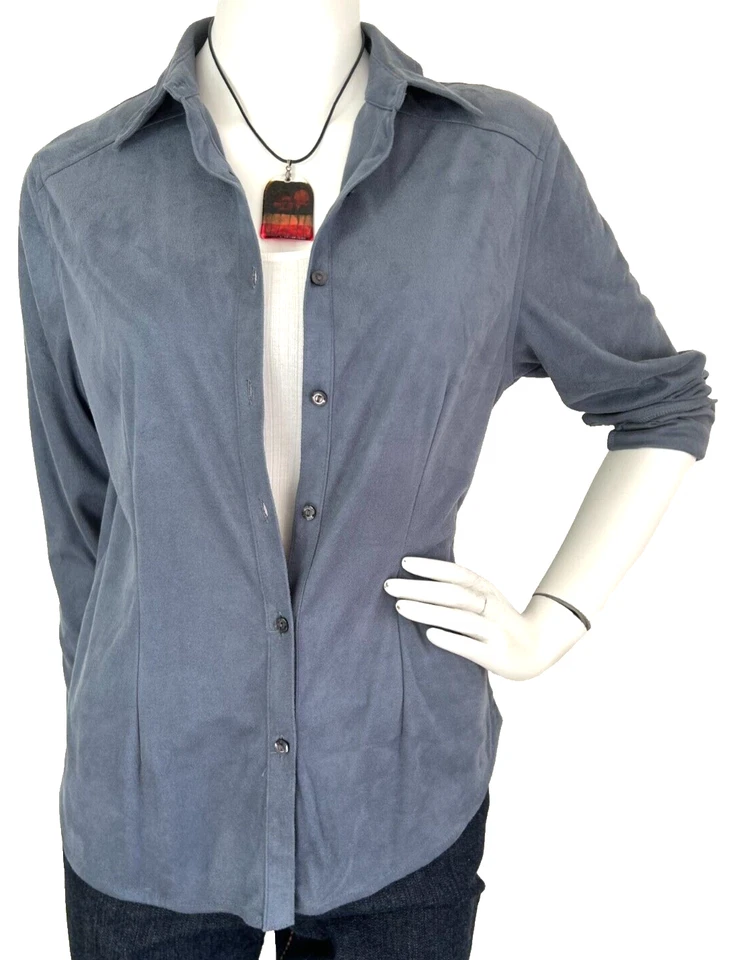 Valerie Stevens Faux Leather Button-Up Collar Long Sleeve Blue Size Medium P - Image 2 of 4