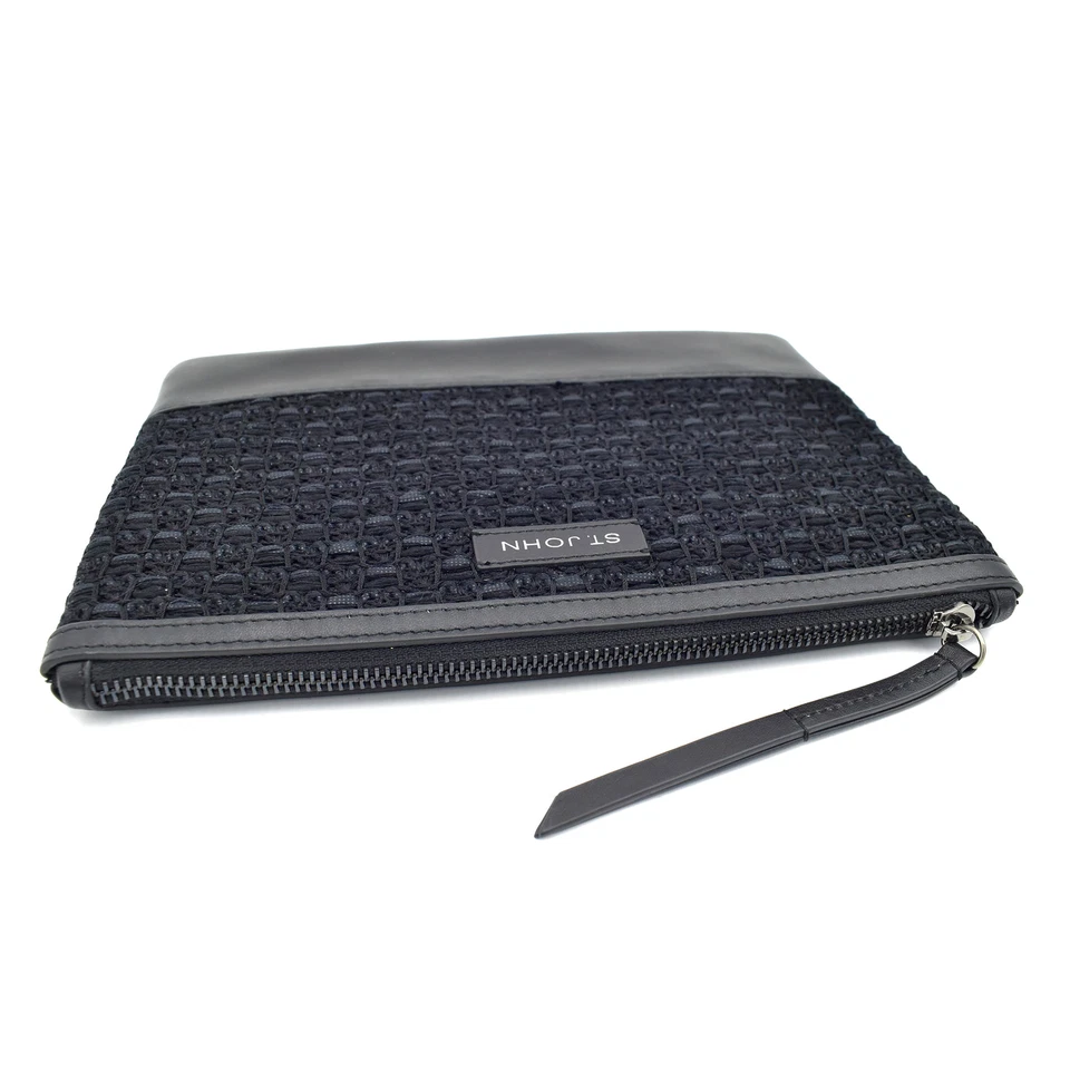 Bolso sin asas St. John Knits negro tejido/cuero recortado bolso plano bolso monedero Foto 4 de 4