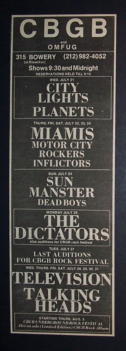 Talking Heads Dictators Television Dead Boys CBGB NYC 1976