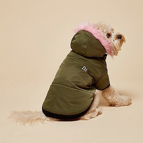 River Island Dog’s Military Green Parka With Pink Faux Fur Collar Hood Size L - Picture 3 of 10