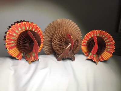 Lot of 3 Vintage Paper Honeycomb Turkey Centerpiece ~ Hallmark ~ 40TPF 20TPF