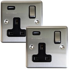 2 PACK 1 Gang Single UK Plug Socket & 2.1A USB SATIN STEEL & Black 13A Switched