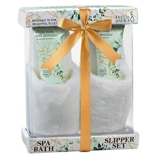 Home Spa Slippers Set Gift Basket - White Rose Jasmine, Body Lotion & Shower Gel