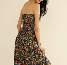 Women Doen Silk Floral Backless Strapless A-line Slip Midi Dress