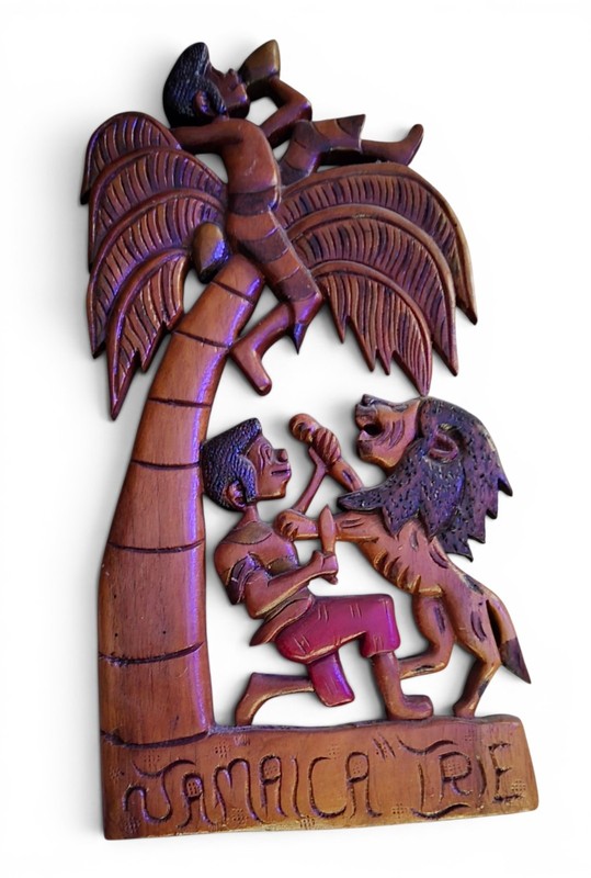 Large Hand Carved Jamaican Folk Art Wall Plaque Anansi Lion Palm Tree 21"