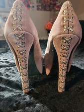 Betsey Johnson Beige Suede Peep Toe Pumps Metallic Cap Toe Lace Accents 8