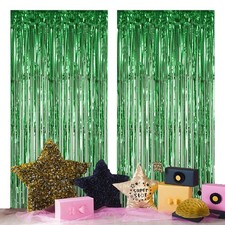 2 PCS 3x8FT Green Foil Fringe Curtains Metallic Tinsel Backdrop for Parties