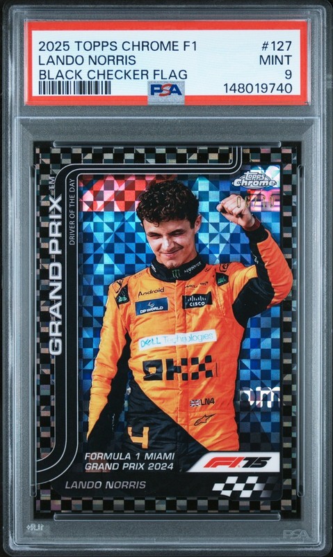 #/10 PSA 9 2025 Topps Chrome F1 LANDO NORRIS BLACK CHECKER FLAG /10 MIAMI GP