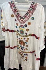 White Cotton Mexican Huipil Dress for Women Embroidered Floral - Medium