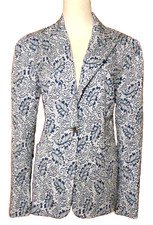 CADIEUX WOMENS WOMENS COTTON BLEND PAISLEY BLUE WHITE BLAZER JACKET SPRING 10-12