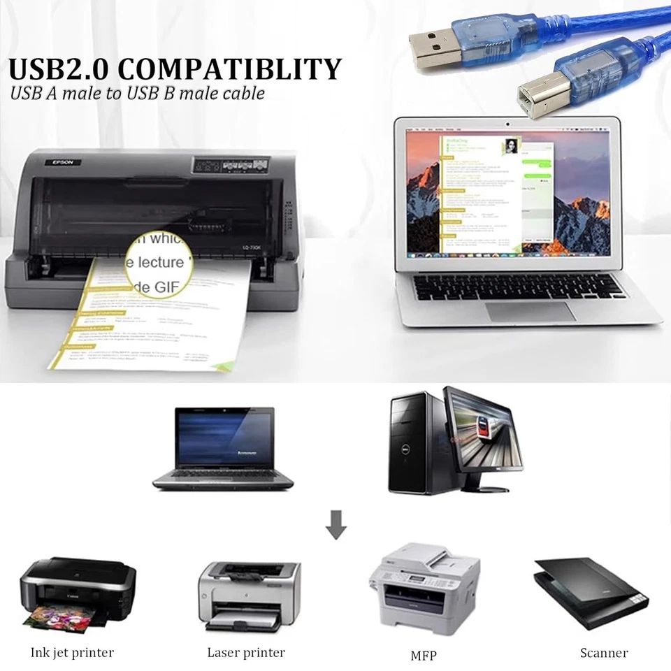 USB 2.0 A to B Printer Cable For Dell HP Brother Canon Epson Scanner 1/2/5PCS - Image 4 of 4