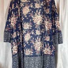 Navy Floral Kimono Duster Bohemian Lightweight Bell Sleeve Open Front
