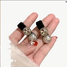 Black Velvet Silver Rhinestone Gem Pearl Hair Clip Barrette Set Hair Accessory