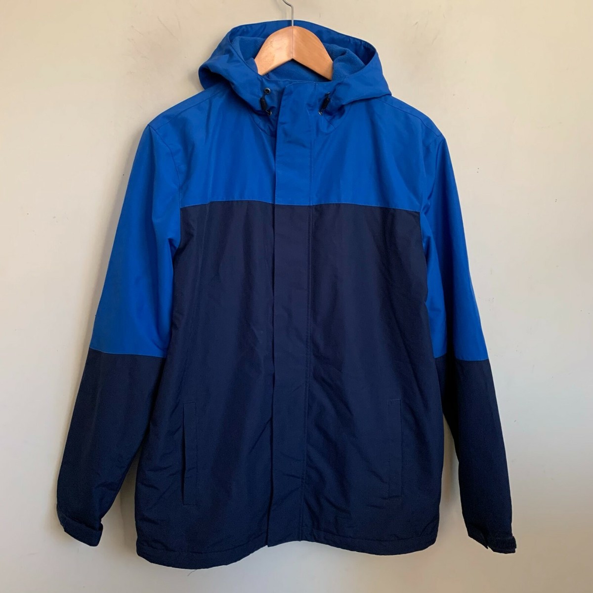 Magellan Jacket Hood Royal Blue Softshell Zip Front Pockets Fleece