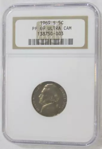 1969 S Proof Jefferson Nickel - NGC PF 69 Ultra Cameo (0-003) Guide $315