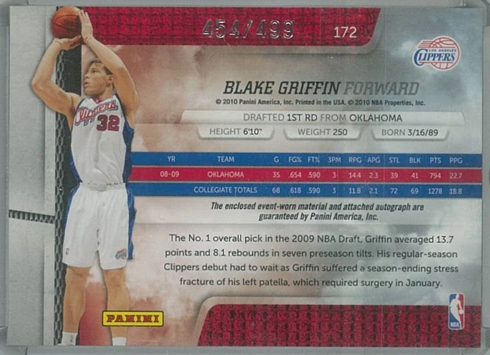 2009-10 Absolute Memorabilia BLAKE GRIFFIN Rookie Premiere Materials RC /499! - Image 2 of 2
