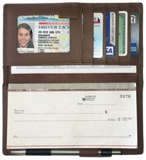 Walnut RFID Leather Checkbook Cover With Credit Card Slots and Pen Holder